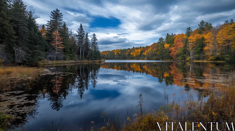 Tranquil Lake Amid Autumn Forest AI Image