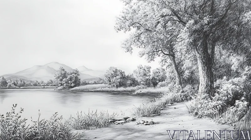 Peaceful Lakeside in Pencil Art AI Image