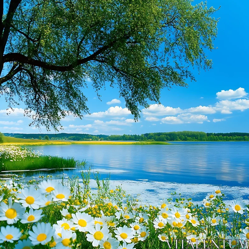 AI ART Picturesque Lakeside with Daisies and Clear Blue Waters