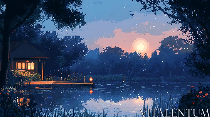 Tranquil Twilight at the Lake in Pixel Art AI Image