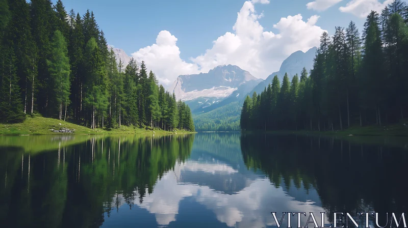 Mountain Lake Reflecting Trees and Sky AI Image