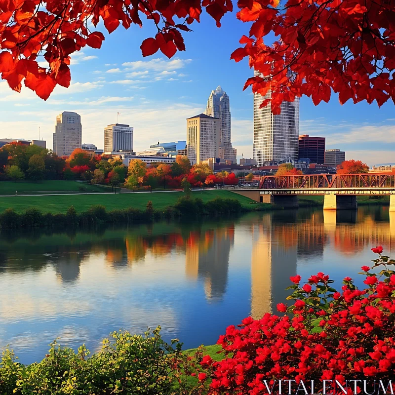 Autumn Cityscape with River Reflection AI Image