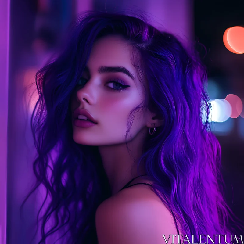 AI ART Vibrant Neon Portrait of a Woman with Purple Hair