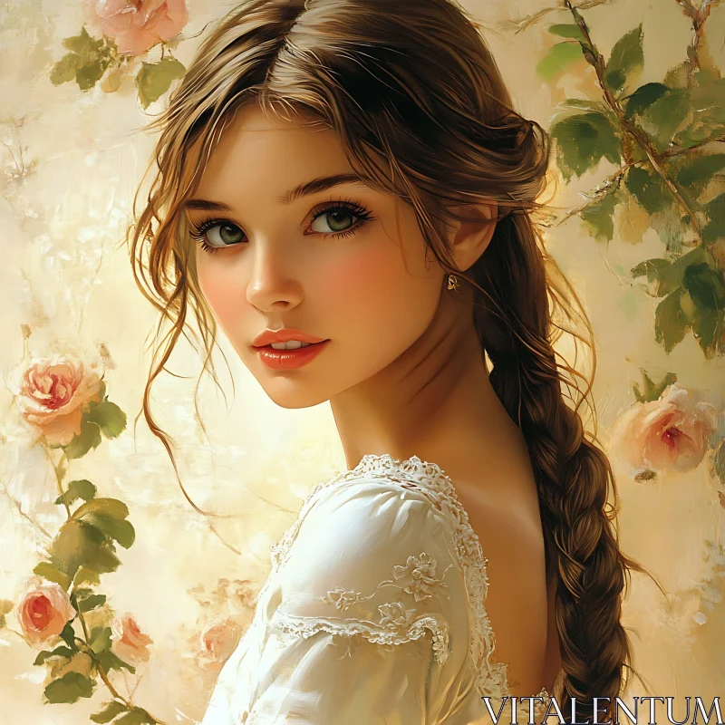 Elegance of a Young Woman Among Roses AI Image