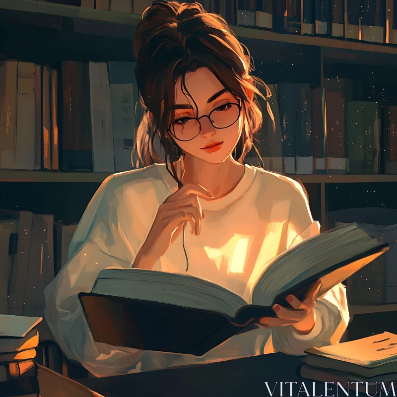 Girl Immersed in Reading in a Quiet Library AI Image