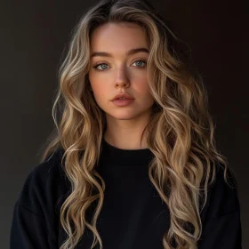 Calm Female Portrait with Long Wavy Blonde Hair