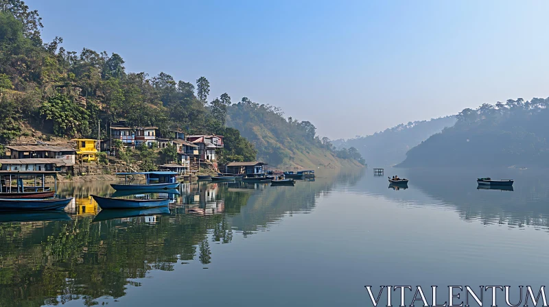 AI ART Serene Lakeside Scene with Houses and Boats