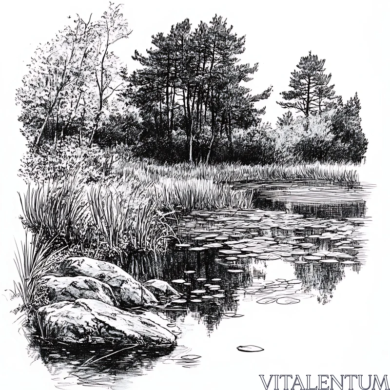 Calm Lake with Trees and Reflection Sketch AI Image