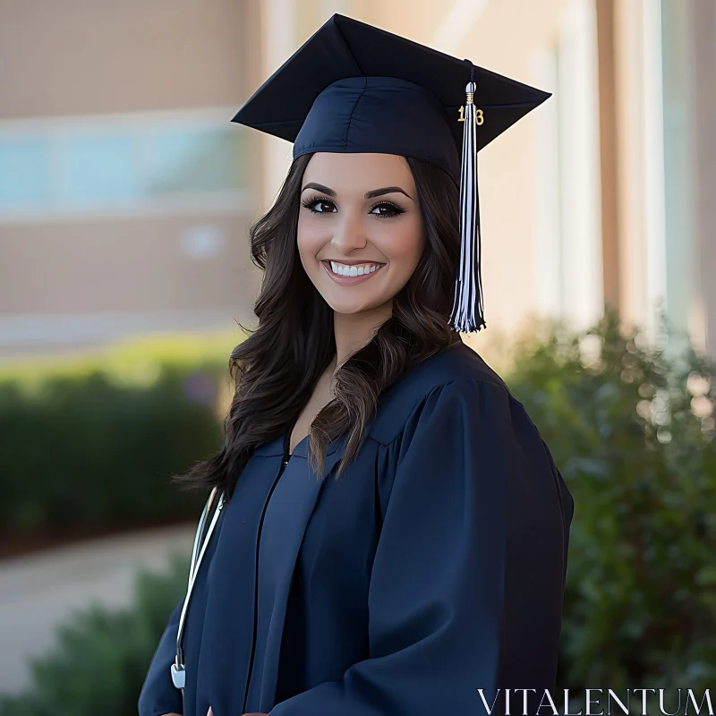 Proud Graduate Smiling Outdoors in Academic Attire AI Image