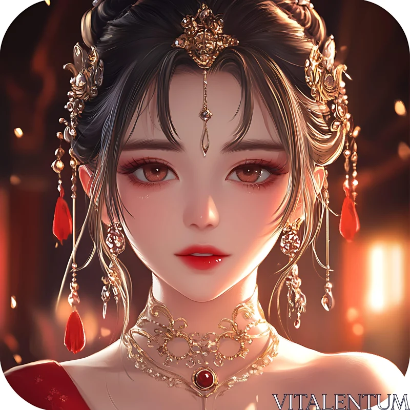 Glamorous Anime Woman with Gold Decorations AI Image