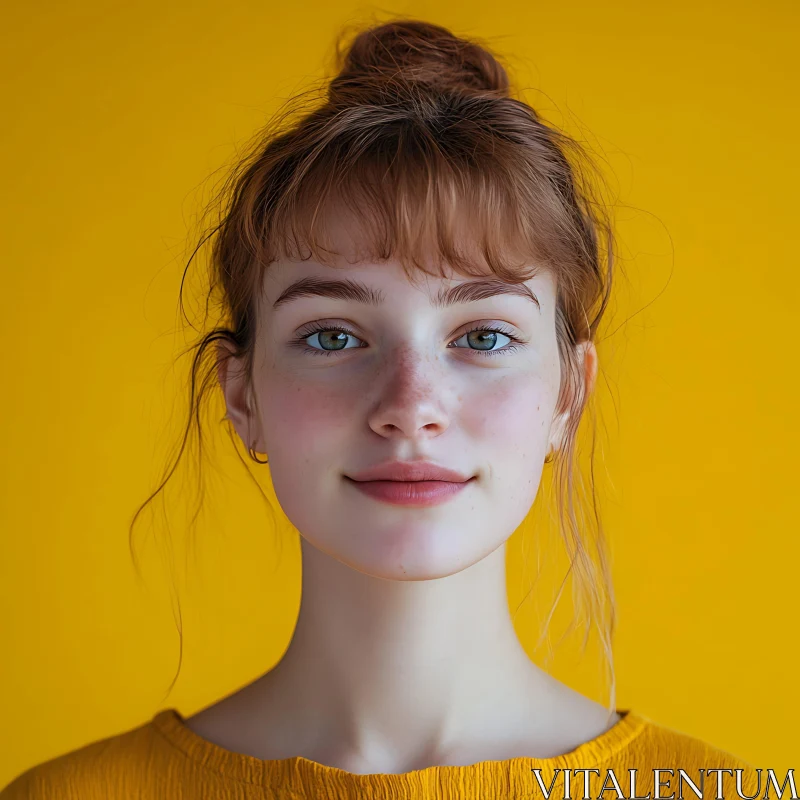 AI ART Young Woman with Red Hair and Freckles in a Yellow Background