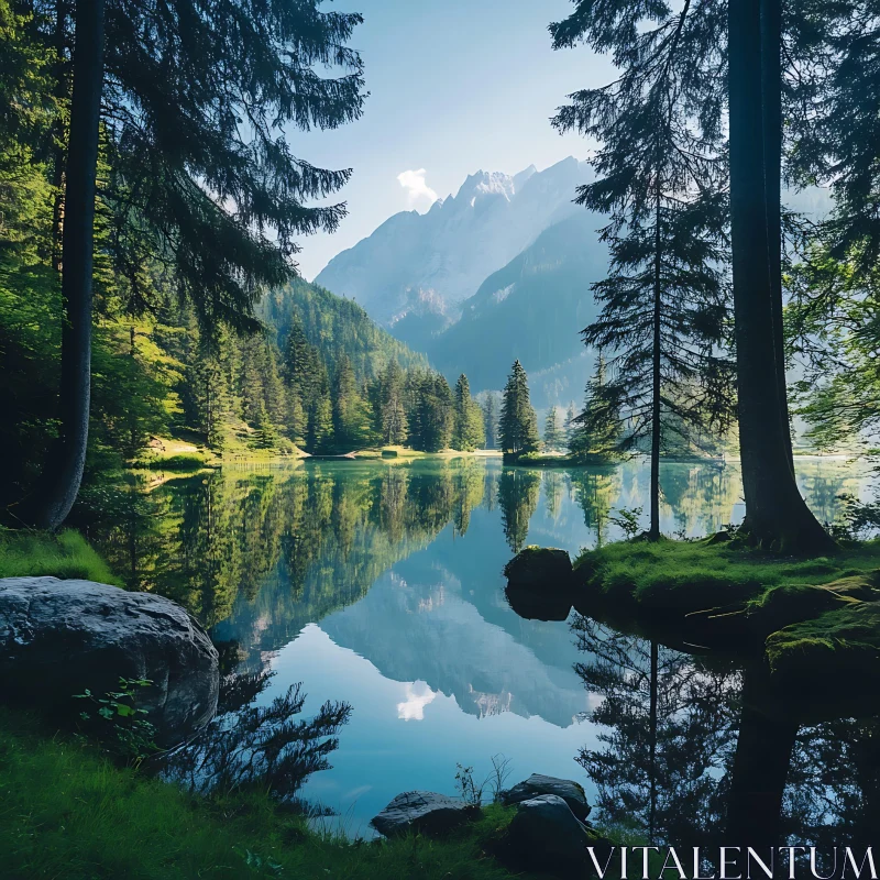 Peaceful Mountain Lake Amidst Lush Forest AI Image