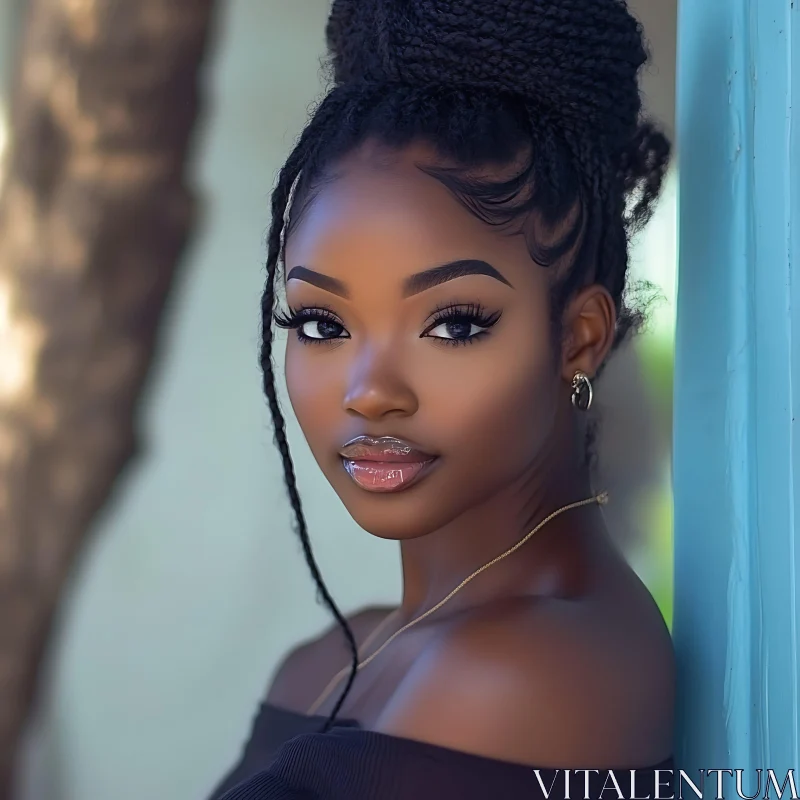 Graceful Woman with High Braided Bun and Flawless Makeup AI Image