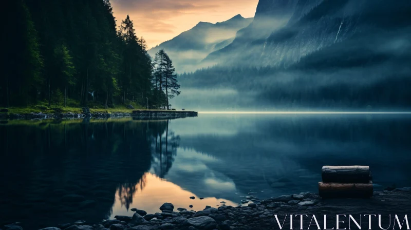 Peaceful Mountain Lake Scene at Sunset AI Image