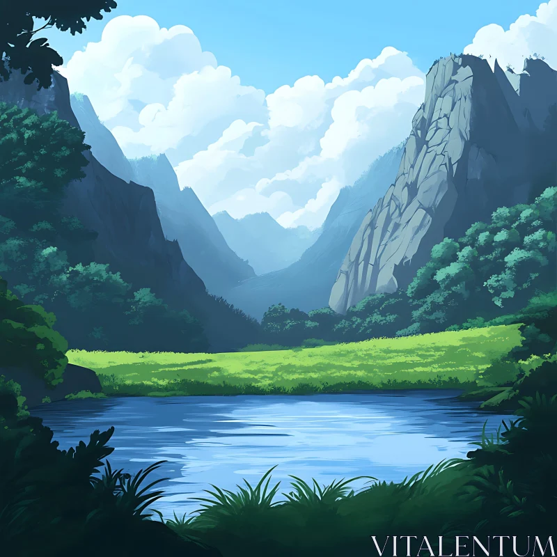 Tranquil Nature Scene with Mountains and Lake AI Image