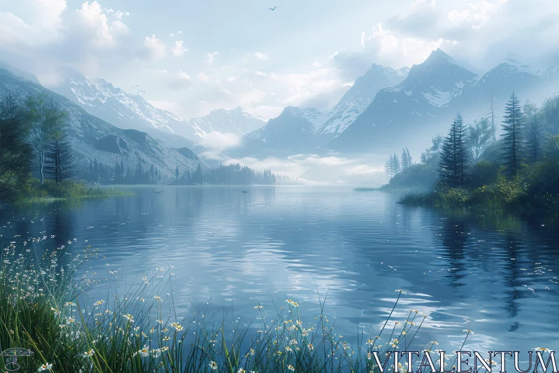 Peaceful Lake Scene with Mountainous Backdrop AI Image