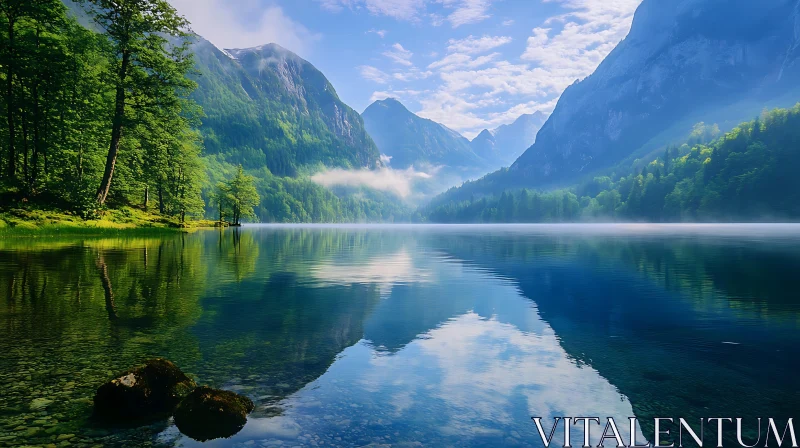 Tranquil Lake Scene with Lush Greenery and Mountains AI Image