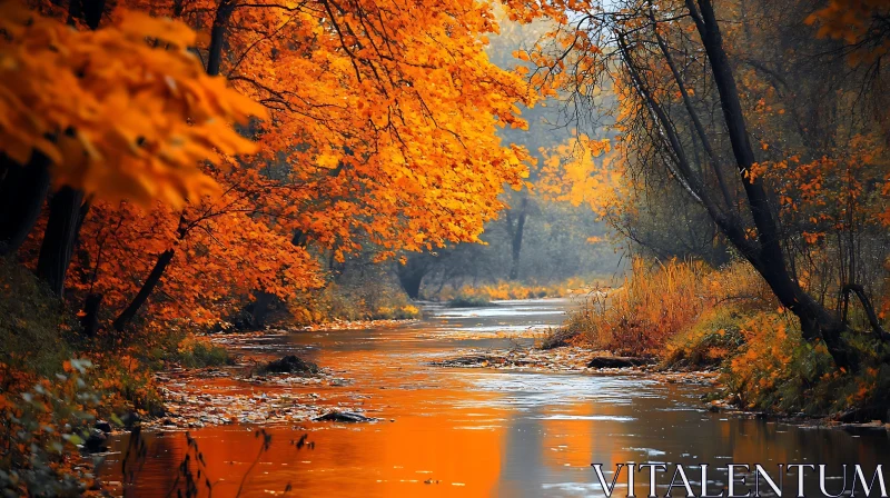 Golden Autumn Forest River View AI Image