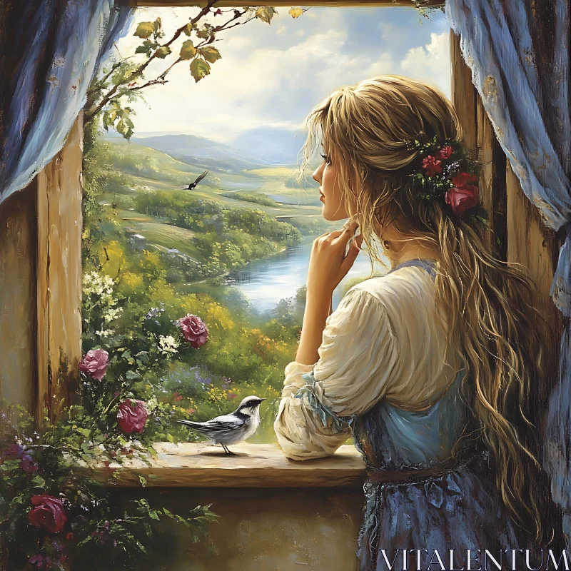 AI ART Contemplative Woman at Window with Bird and Nature View