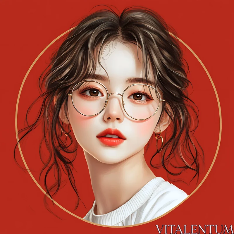 AI ART Portrait of a Woman with Round Glasses and Red Lips