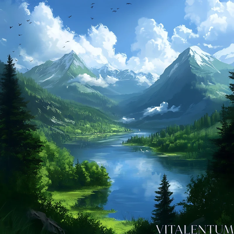 Tranquil Mountain View with Reflective Lake AI Image