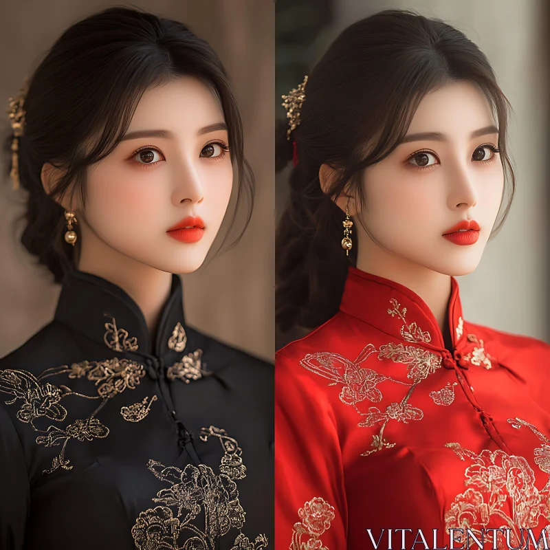 Woman in Black and Red Traditional Dresses with Golden Embroidery AI Image