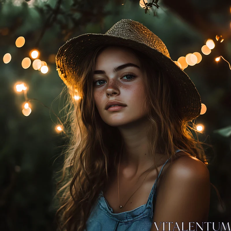 Serene Young Woman in Straw Hat with Evening Fairy Lights AI Image