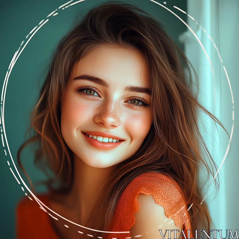 Charming Portrait of a Smiling Woman with Freckles AI Image