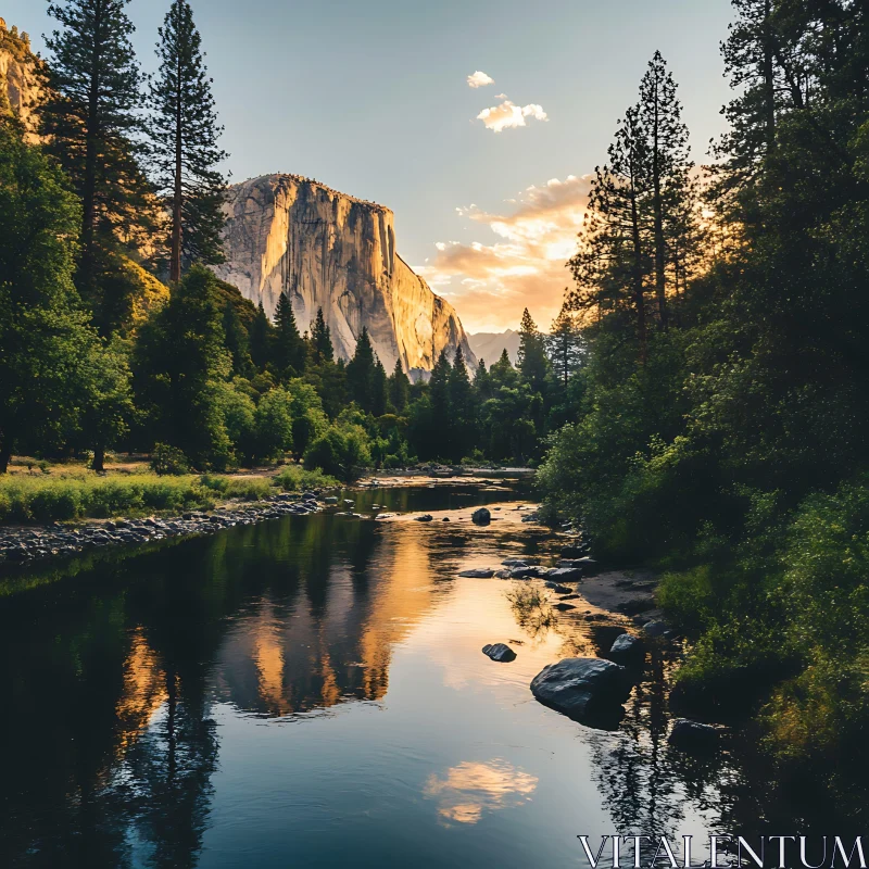 Majestic Mountain and Reflective River at Sunset AI Image