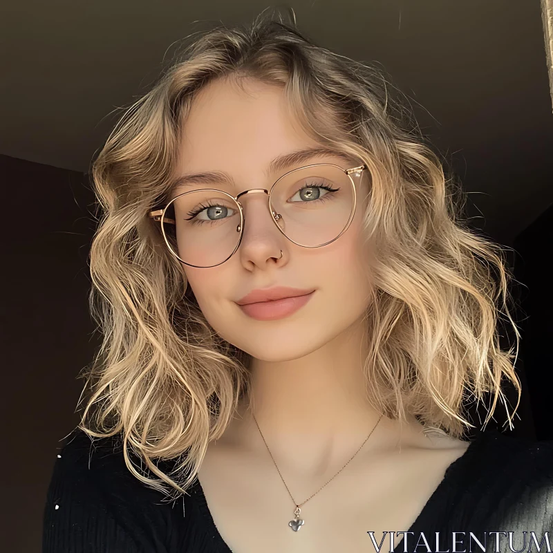 AI ART Portrait of a Woman with Wavy Blonde Hair and Glasses