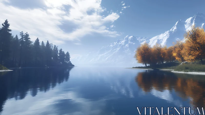 Idyllic Lake with Snow-Capped Mountains and Autumn Foliage AI Image