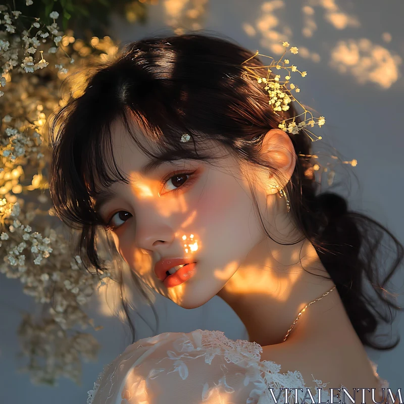 Sunlit Beauty: Woman with Floral Accents AI Image