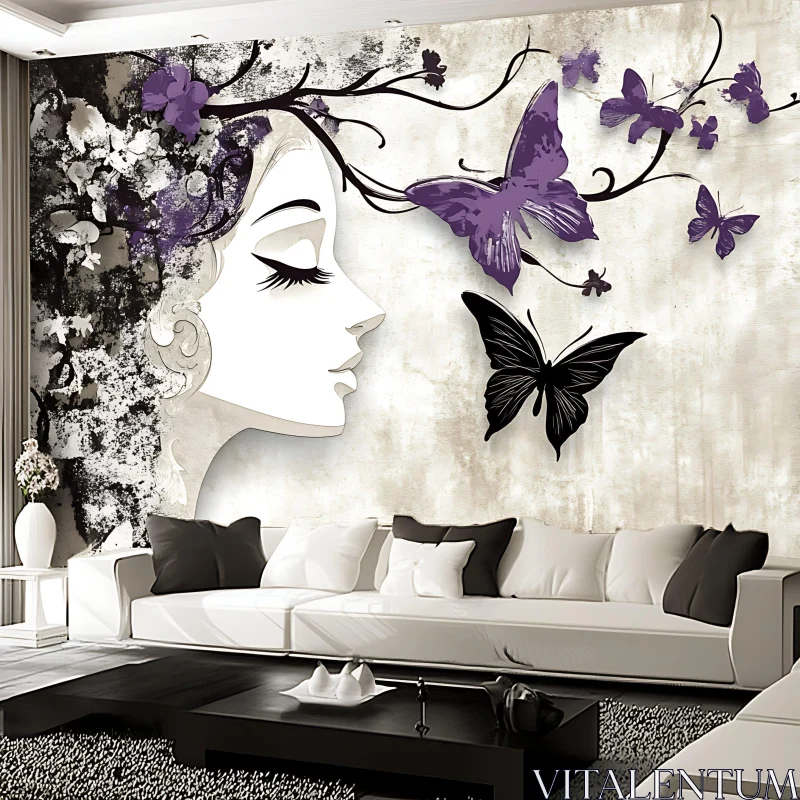 Purple Butterflies and Woman's Face Surrealism Mural AI Image