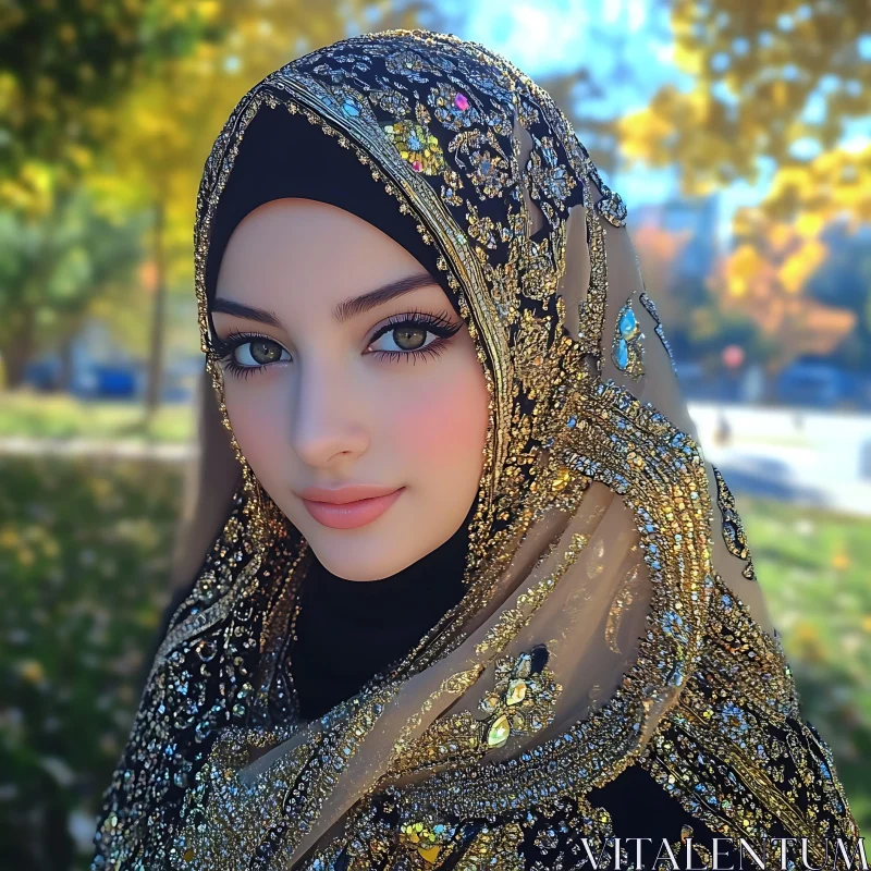 Portrait of a Woman in a Decorative Hijab AI Image