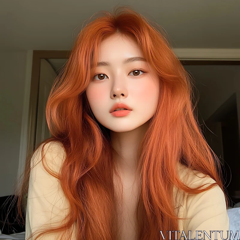 AI ART Young Woman with Flowing Red Hair in Natural Light