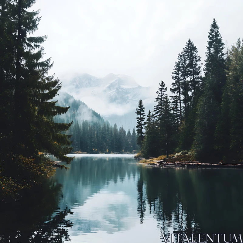 Serene Lake with Forest and Snowy Mountains AI Image