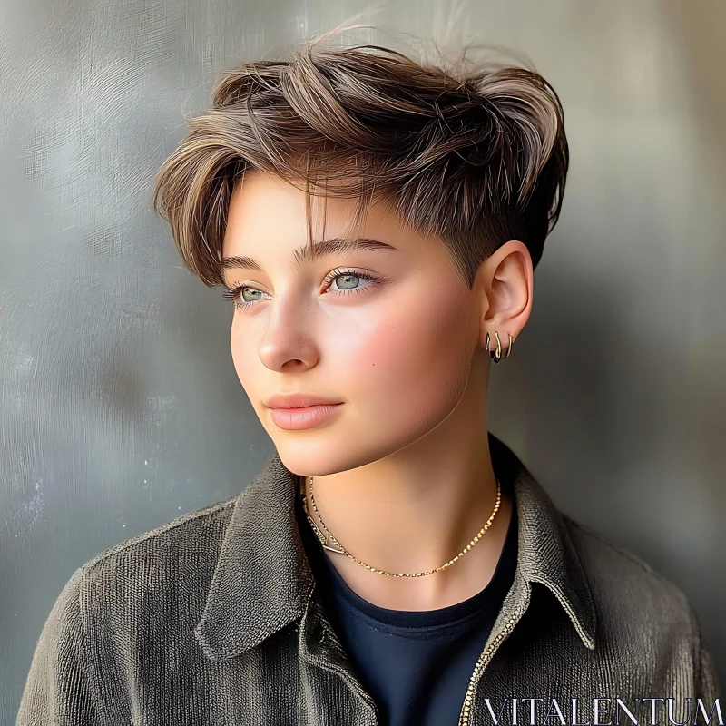 Youthful Woman in Casual Attire with Stylish Short Hair AI Image