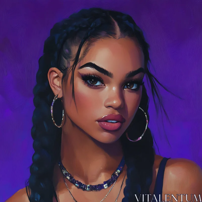 Digital Woman Portrait with Braided Hair and Hoop Earrings AI Image