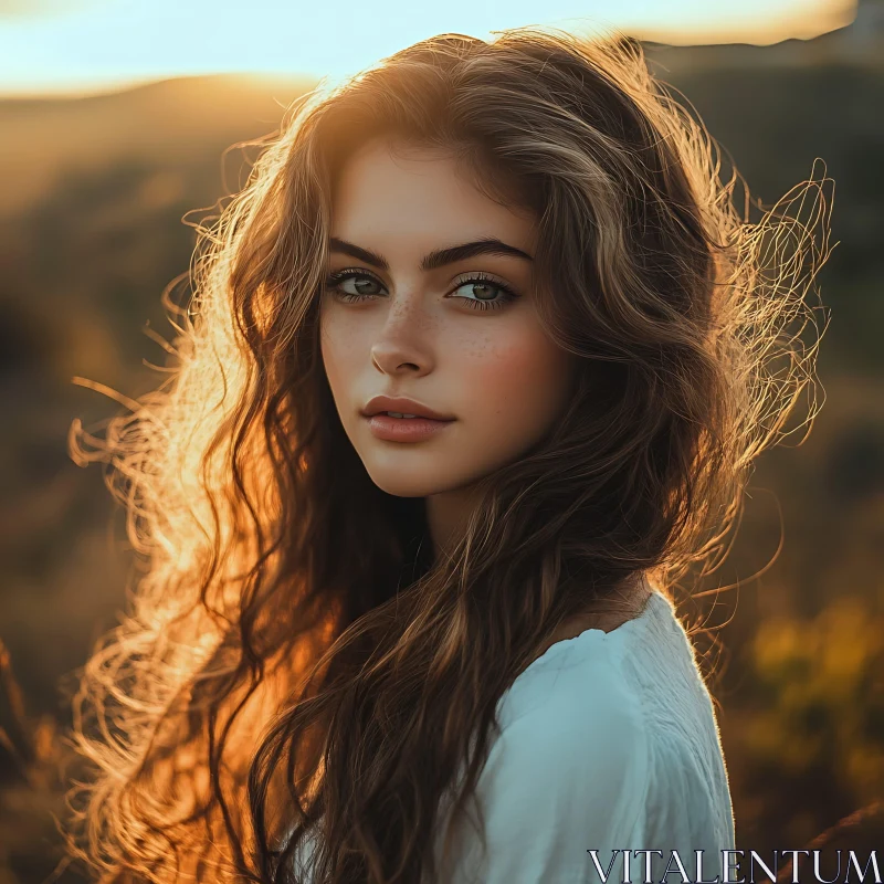 Young Woman in Golden Sunset AI Image