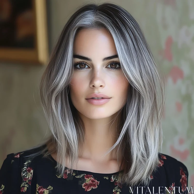 Portrait of Woman with Silver and Dark Hair AI Image