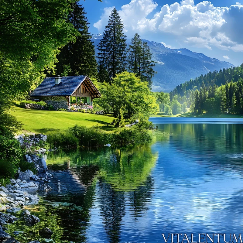 Tranquil Cabin by the Lake Amidst Nature AI Image