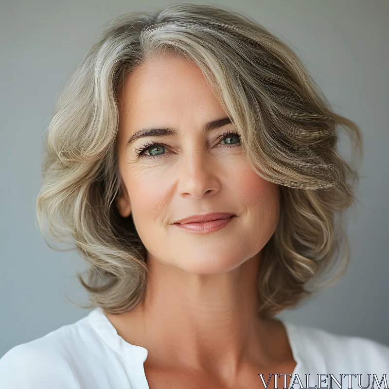 Confident Woman with Grey Hair in a White Blouse AI Image