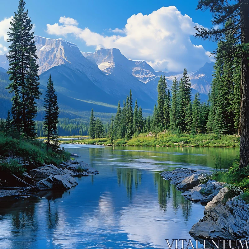 Peaceful Mountain Lake with Pine Forest and Clear Sky AI Image