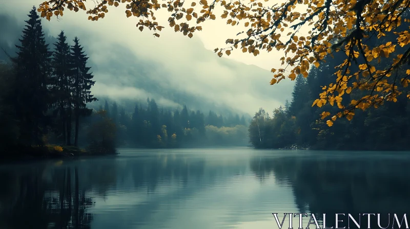 Tranquil Foggy Lake with Reflective Waters and Forest AI Image