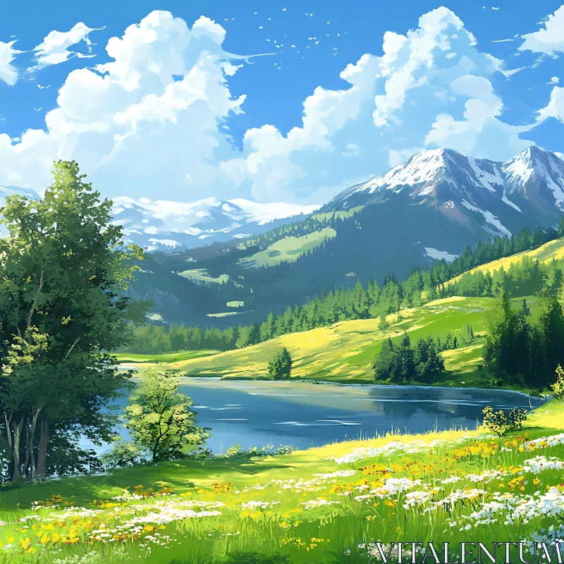 Peaceful Mountain View with Lake and Floral Meadow AI Image