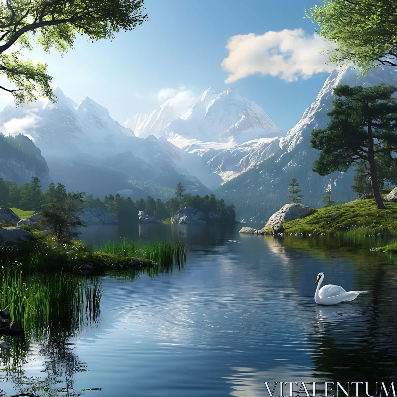 Swan Gliding on a Serene Mountain Lake AI Image