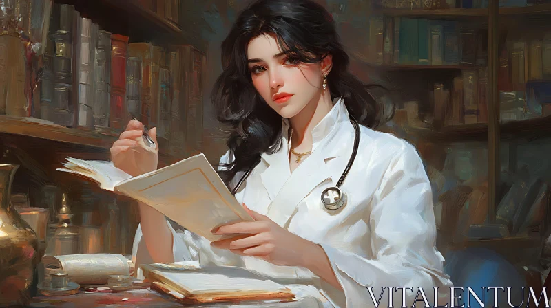 Scholarly Female Doctor in a Library AI Image