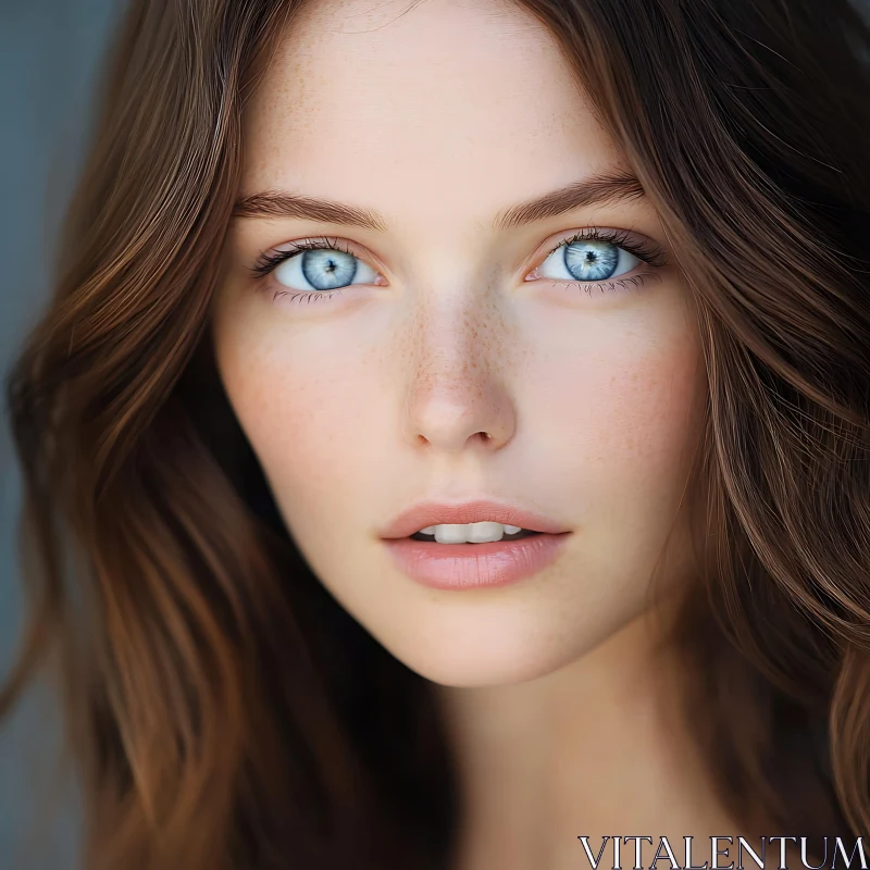 Natural Beauty with Striking Blue Eyes and Soft Brown Hair AI Image