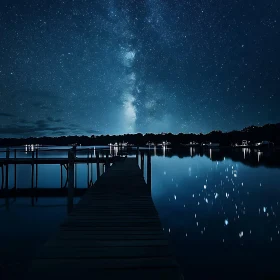 Starlit Lake and Pier Under Milky Way