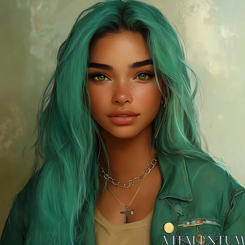 Green-Haired Model Portrait AI Image